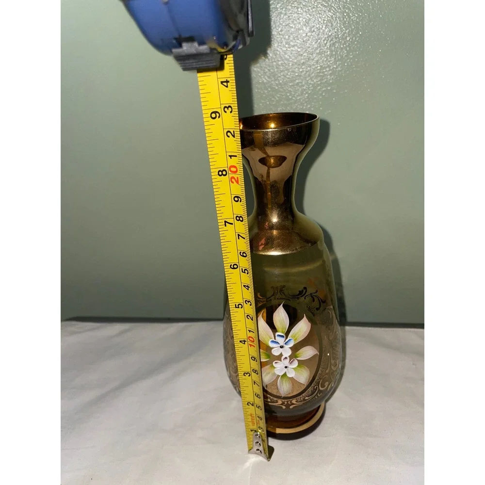 Vintage Amber Gold Encrusted Glass Decanter Set Hand Painted Floral 5pc